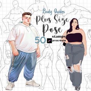Könnte beinhalten: Digitales Kunstprodukt mit zwei Figuren in Freizeitkleidung, mit Strichzeichnungen von Körperposen im Hintergrund. Der Text lautet "Body Guides Plus Size Pose" mit "50 stamps" und "procreate".