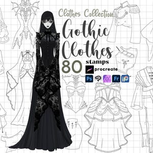 May include: Digital collection of "Gothic Clothes" with 80 stamps. The image displays a black dress with lace, alongside line drawings of gothic clothing. Includes software icons for Procreate, Photoshop, and other design programs. The text reads "Clothes Collection".