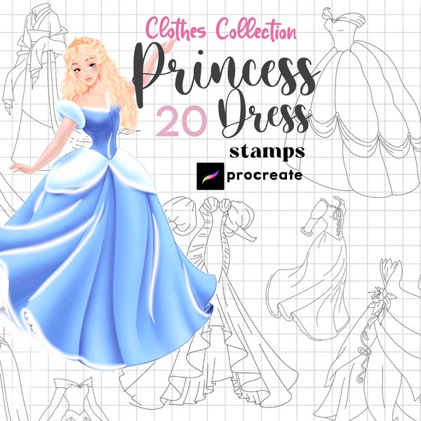 Procreate Princess Dress Stamps Brushs 20 Princess Drawing Cartoon Fashion Dress Maker Anime Girl Guide Manga Princess Dress Coloring