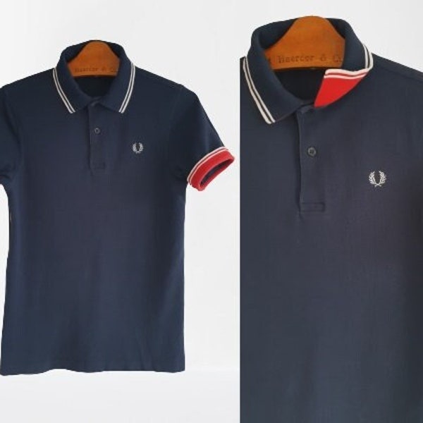 Vintage Polo Shirt By Fred Perry Navy Blue Red White Men Size XS