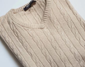 Vintage Knit Cable Pullover , Beige Alpaka Cashmere V Neck Men Sweater Jan Paulsen Size XL