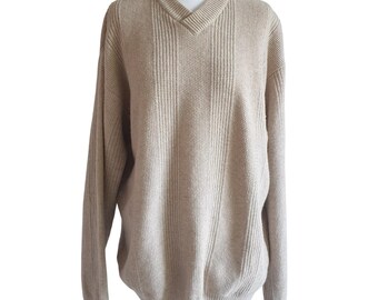 Suéter de punto camello de lana merino beige para hombre, talla XL