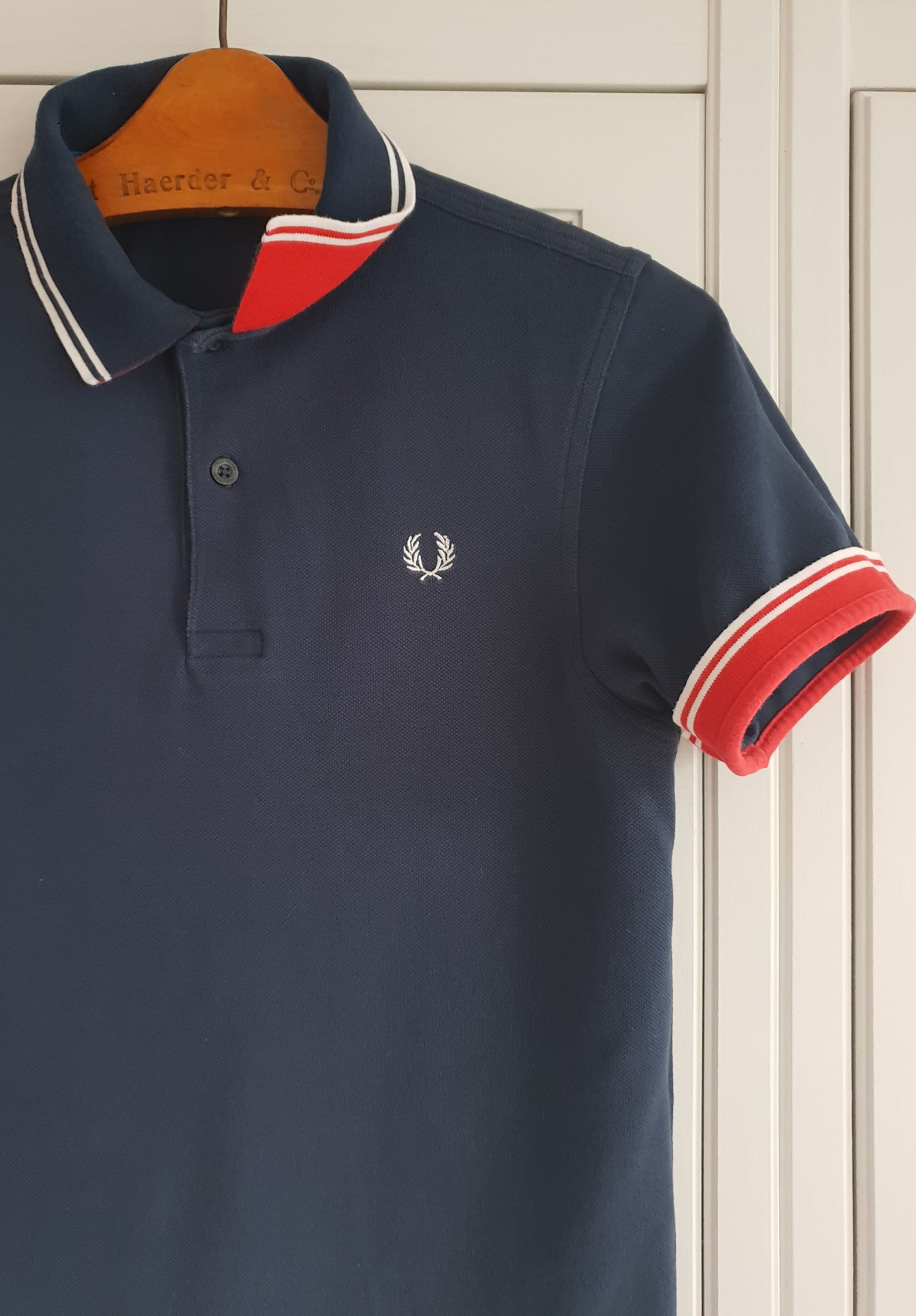 Vintage Polo Shirt by Fred Perry Navy Blue Red White Men