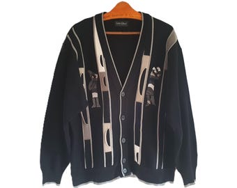 Cárdigan de punto azul marino para hombre, estilo Coogi, de Carlo Calucci, años 90, tallas L-XL