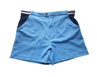 70er Vintage Herren Golf Shorts Größe 36 - Blau mit gestreiftem Bund & Gesäßtasche – Retro Tennis Look