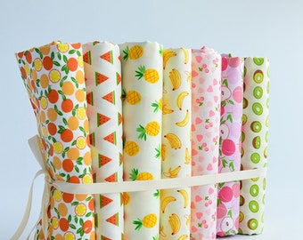 Cartoon Fruit Cotton Fabric: Peach, Watermelon, Pineapple, Kiwi - By The Half Yard