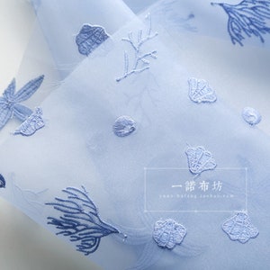 Water Blue Embroidered Organza Lace Fabric: 3D Mesh, Skirt Fabric (Half Yard)