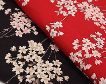 Width 55'' Sakura Floral Cotton Fabric Japanese Kimono Fabric,Flower on Red Black Fabric for Bag cloth quilt home decor by the half yard