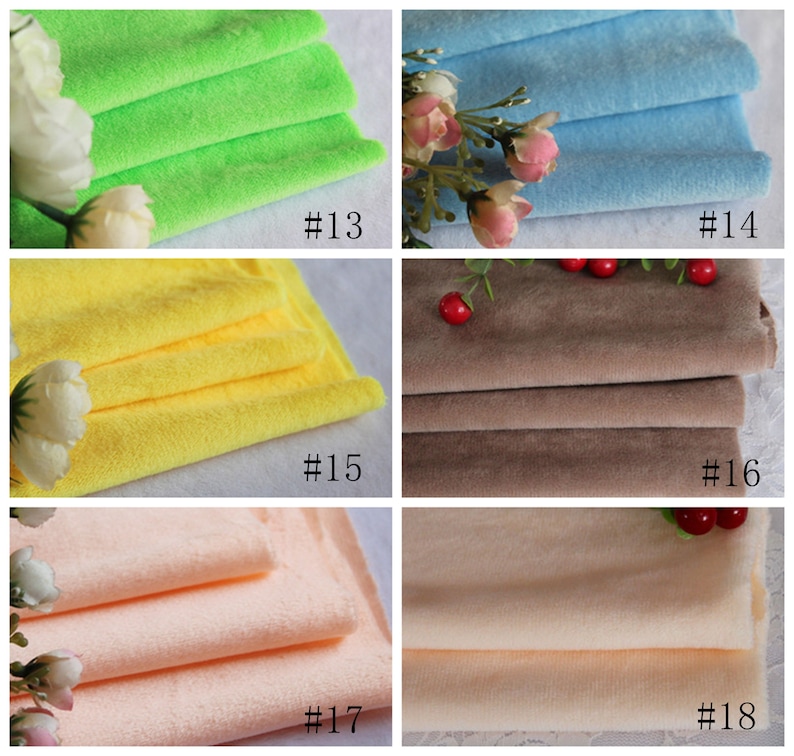 May include: Five different colors of soft, plush fabric swatches. The colors are green, yellow, brown, peach, and light blue. Each swatch is folded in thirds and labeled with a number.