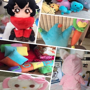 May include: A collection of plush toys, including a cartoon character with a red scarf, a blue crown-shaped pillow, a pink bunny rabbit, a white lamb with a pink bow, and a variety of other colorful plush toys.