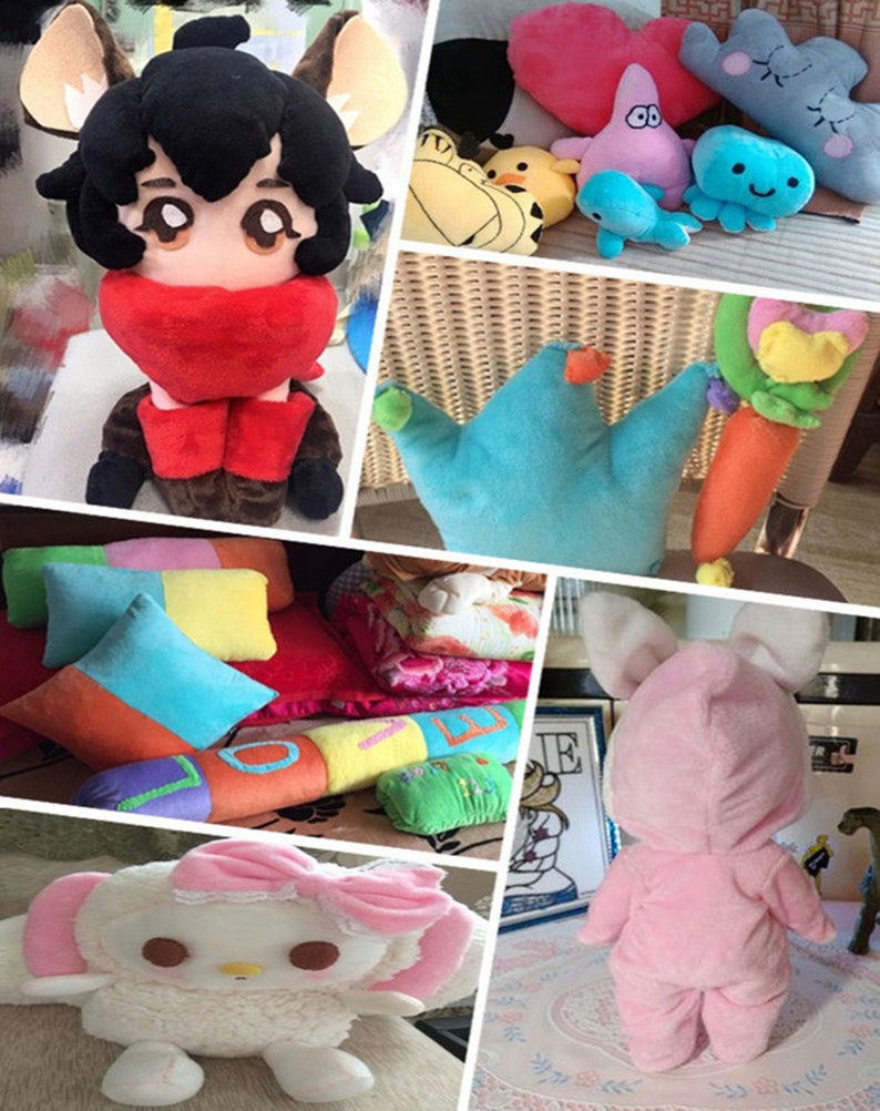 May include: A collection of plush toys, including a cartoon character with a red scarf, a blue crown-shaped pillow, a pink bunny rabbit, a white lamb with a pink bow, and a variety of other colorful plush toys.