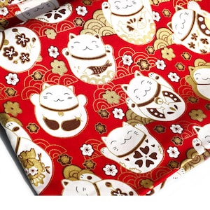 Lucky Cat Japanese Cotton Fabric: Red Sewing Fabric By The Half Yard