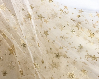 Gold Star Mesh Tulle Fabric, Stunning Star Gauze Fabric For Wedding Dress, Veils, Tutu Dress, Prom Gown, Colors Available By The Yard