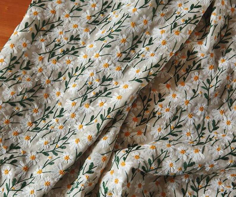 Selling Fast Cotton Linen Fabric Embroidered Daisy Style Fabric White Daisy Style Fabric DIY Fabric By The Yard image 2