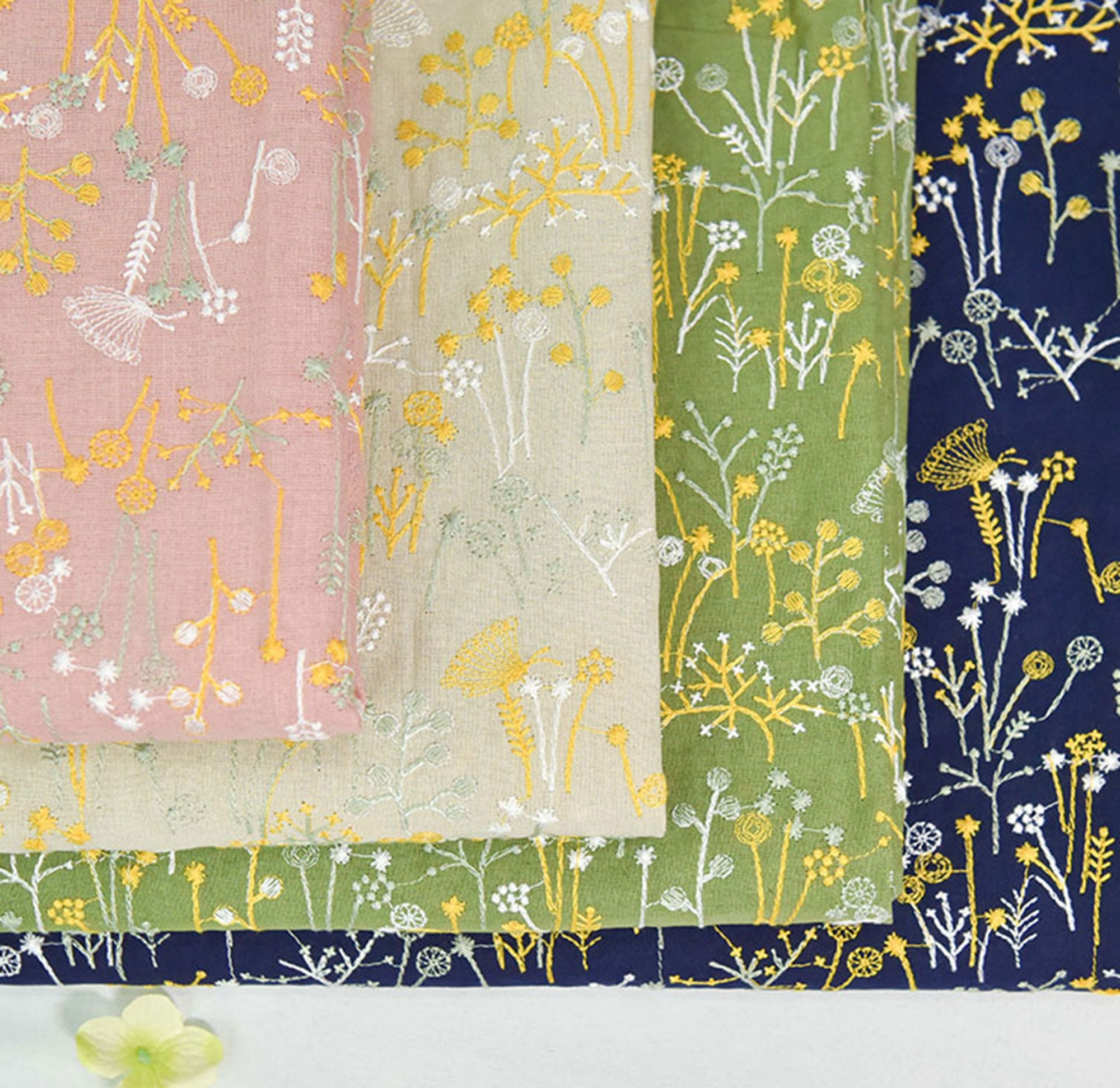Embroidered Floral Cotton Linen Fabric - DIY Crafting By The Half Yard