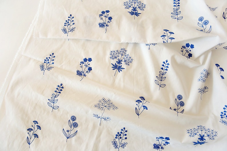 Japanese White Orchid Fabric, Blue Embroidered Cotton Fabric, Dress Fabric, DIY Fabric By The Half Yard image 4