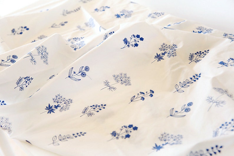 Japanese White Orchid Fabric, Blue Embroidered Cotton Fabric, Dress Fabric, DIY Fabric By The Half Yard image 5