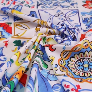 Width 57&#39;&#39;  Summer Blue and White porcelain lemon cotton poplin fabric. Printed Fabric, Dress Fabric, DIY Fabric - By The Half Yard