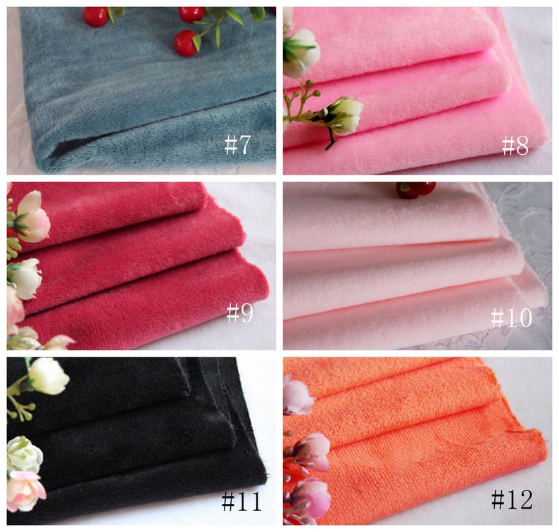 May include: A collage of fabric swatches in various colors, including teal, pink, red, black, and orange. Each swatch is folded and labeled with a number, from #7 to #12.