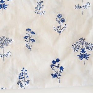Japanese White Orchid Fabric, Blue Embroidered Cotton Fabric, Dress Fabric, DIY Fabric By The Half Yard image 3
