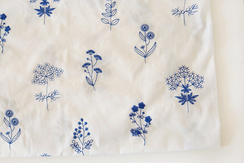 Japanese White Orchid Fabric, Blue Embroidered Cotton Fabric, Dress Fabric, DIY Fabric By The Half Yard image 3