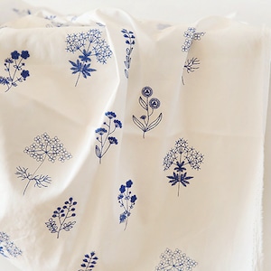 Japanese White Orchid Fabric, Blue Embroidered Cotton Fabric, Dress Fabric, DIY Fabric By The Half Yard image 2