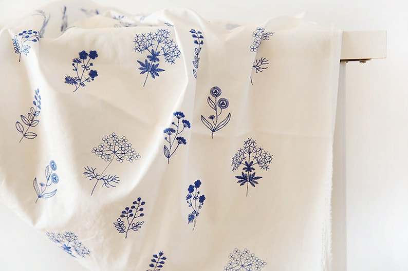 Japanese White Orchid Fabric, Blue Embroidered Cotton Fabric, Dress Fabric, DIY Fabric By The Half Yard image 2