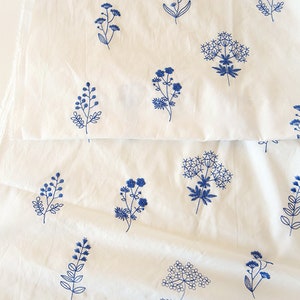 Japanese White Orchid Fabric, Blue Embroidered Cotton Fabric, Dress Fabric, DIY Fabric By The Half Yard image 6
