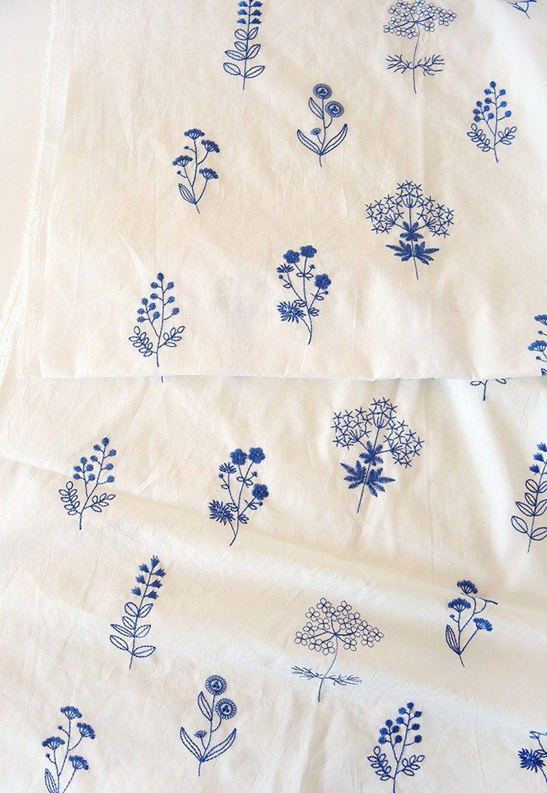 Japanese White Orchid Fabric, Blue Embroidered Cotton Fabric, Dress Fabric, DIY Fabric By The Half Yard image 6