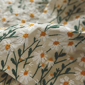 Selling Fast!!! Cotton Linen Fabric - Embroidered Daisy Style Fabric - White Daisy Style Fabric - DIY Fabric  By The Yard