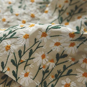 Selling Fast!!! Cotton Linen Fabric - Embroidered Daisy Style Fabric - White Daisy Style Fabric - DIY Fabric  1/2 Yard
