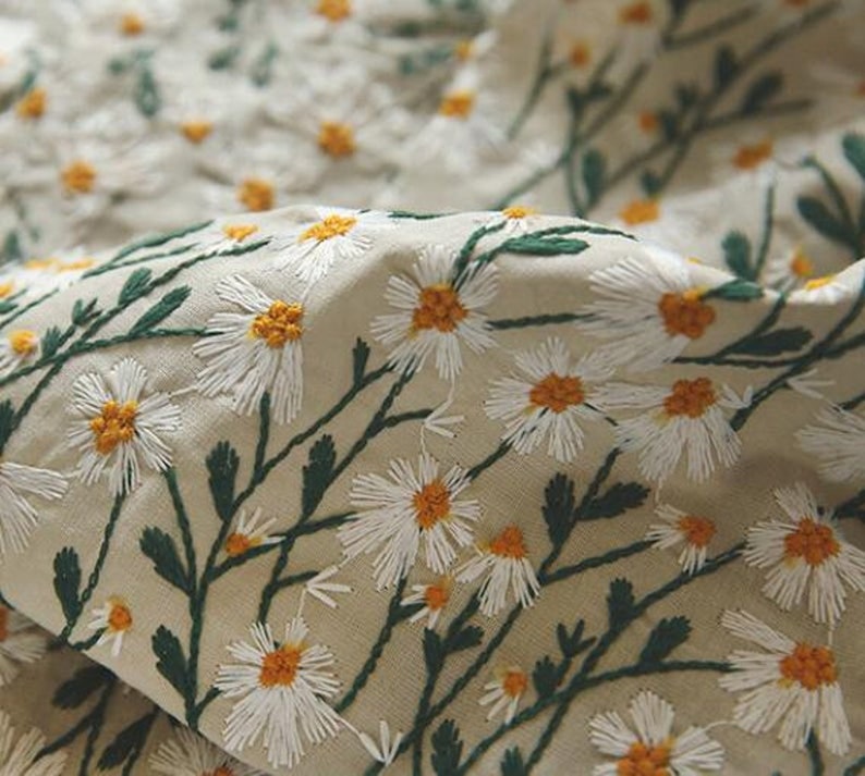 Selling Fast Cotton Linen Fabric Embroidered Daisy Style Fabric White Daisy Style Fabric DIY Fabric By The Yard image 1