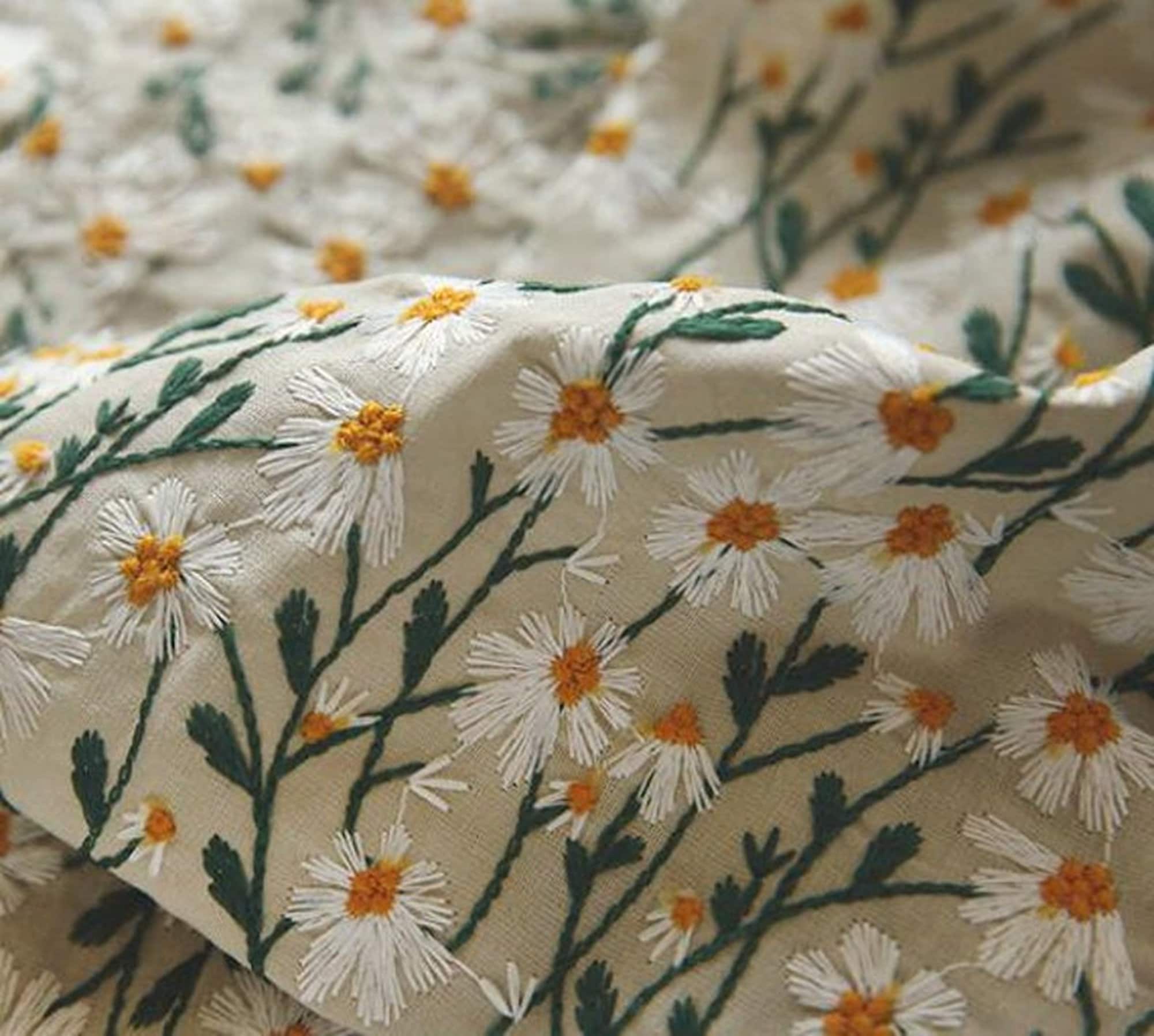 Width 55'' Cotton linen fabric embroidered daisy Etsy