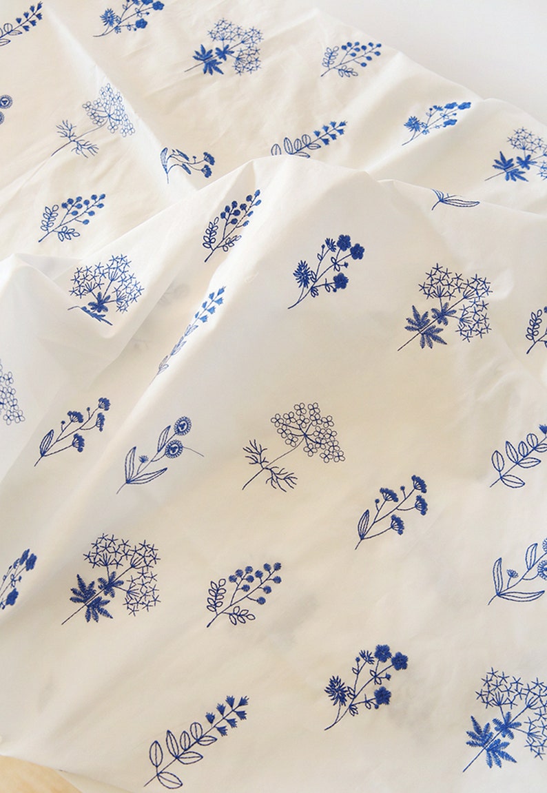 Japanese White Orchid Fabric, Blue Embroidered Cotton Fabric, Dress Fabric, DIY Fabric By The Half Yard image 7