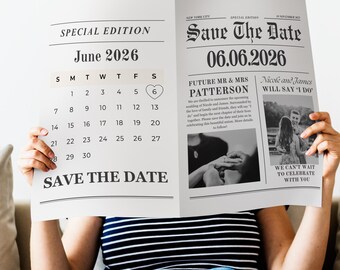 Editable Wedding Newspaper Save The Date Template Canva Wedding Announcement Printable Vintage Wedding Invite Newspaper Style Design