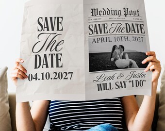 Save The Date Newspaper Template Wedding Newspaper Invitation Editable Canva Newspaper Wedding Announcement Printable Engagement Card