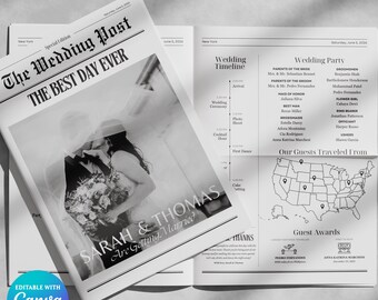 Wedding Newspaper Program Template Editable Wedding Timeline Newspaper Wedding Invitation Canva Template Wedding Itinerary Printable