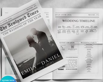 Wedding Newspaper Template with Photo Editable Wedding Program Template Canva Template Wedding Itinerary Printable Wedding Timeline Digital