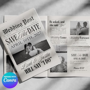 Editable Wedding Newspaper Save The Date Template Canva Wedding Announcement Printable Vintage Wedding Invite Newspaper Style Design