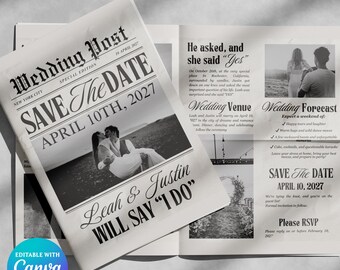 Editable Wedding Newspaper Save The Date Template Canva Wedding Announcement Printable Vintage Wedding Invite Newspaper Style Design