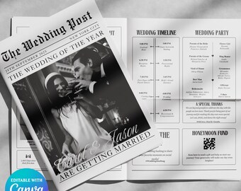 Wedding Newspaper Template with Photo Editable Wedding Program Template Canva Template Wedding Itinerary Newlywed Times Printable Wedding