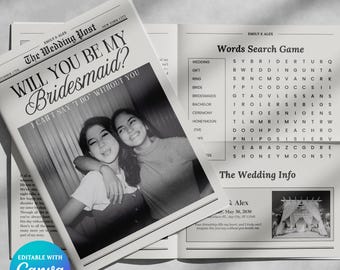Will You Be My Bridesmaid Newspaper Template Editable Bridesmaid Proposal Template Wedding Party Newspaper Canva Printable Bridesmaid Invite