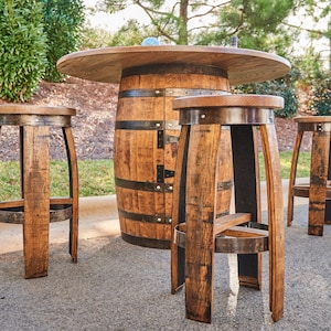 Bourbon- Whiskey Barrel table Set with Stools -Outdoor Barrel Table with Stools Set - Perfect Morher’s day Gift!