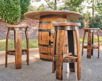 Whiskey Barrel Patio Table With Stools, Rustic Handmade Outdoor