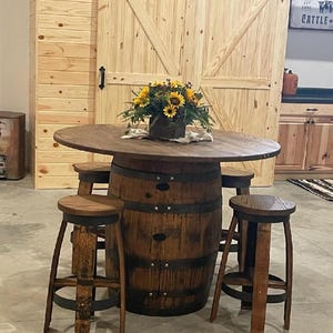 Rustic Whiskey Barrel Pub Table Set with Stools, Handmade Patio and Bar Furniture