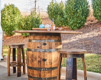 Bourbon- Whiskey Barrel table Set with 2 Stools and round top 32”