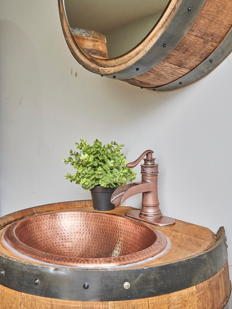 3/4 Whiskey Barrel Vanity with Hammered Sink and Faucet Barrel whiskey Bourbon Vanity Barrel Sink Mothers Day Gift image 5