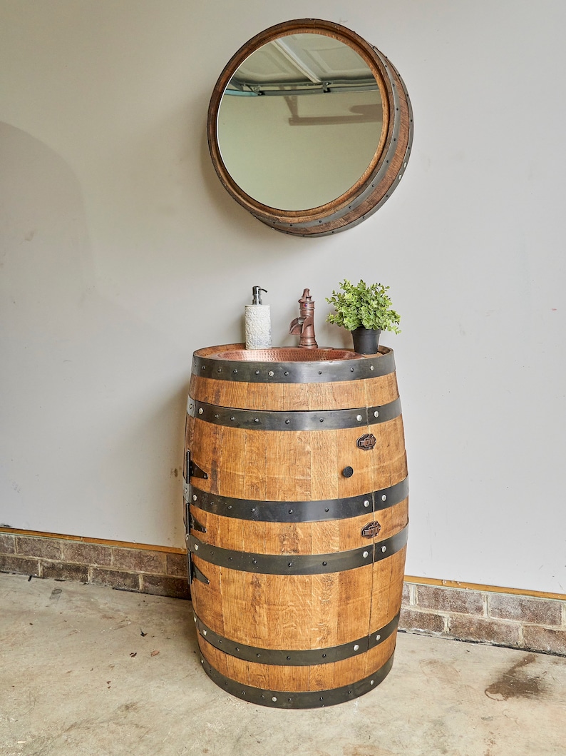 3/4 Whiskey Barrel Vanity with Hammered Sink and Faucet Barrel whiskey Bourbon Vanity Barrel Sink Mothers Day Gift image 9