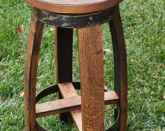 Whiskey Barrel Stool with Swivel Oak Seat - Reclaimed Wood Stave Stool