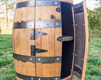 Authentic Bourbon Whiskey Barrel  double door with double lazy Susan, Lights and personalization.